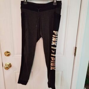 VS PINK Leggings Gold Sequin Bling Spellout on Leg, Gray Black Gold, Sz Med